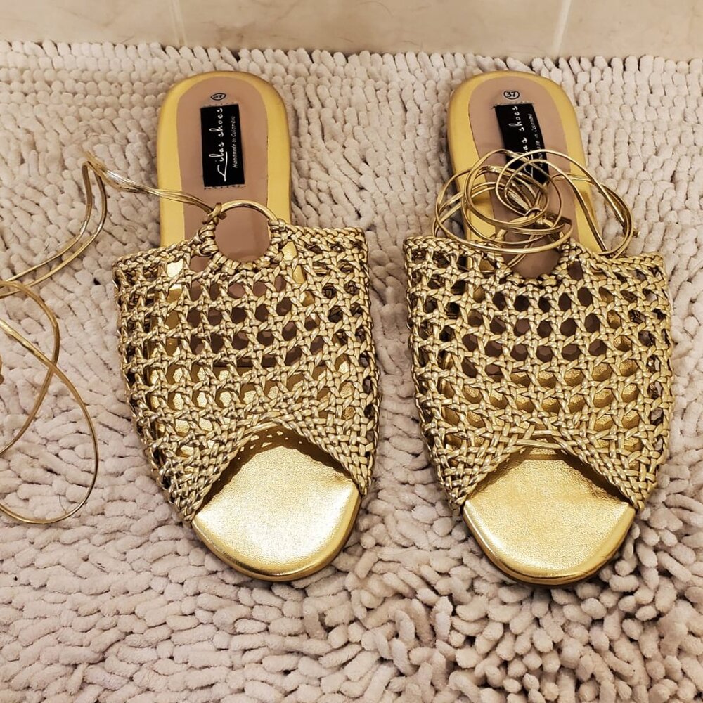 Gold Woven Flat Sandals - Like New